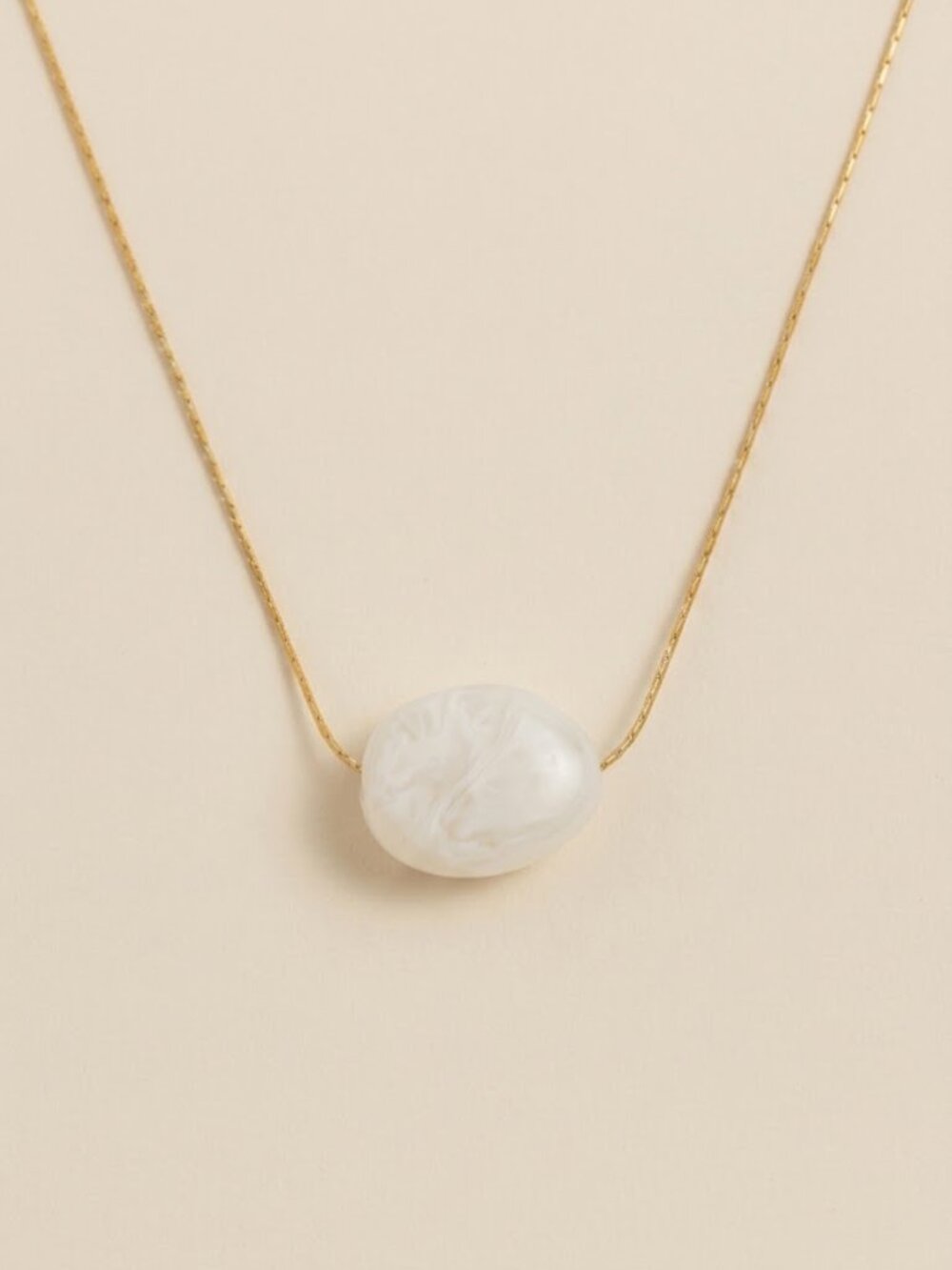 Milky White Resin Bead Snake Chain Necklace Gold Tone Oval Floating Pendant Gift